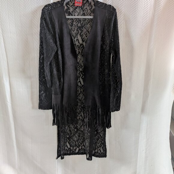 Simon Chang Lace Crochet Duster Faux Suede Fringe Black Size 10, M, Whimsigoth - Picture 9 of 13